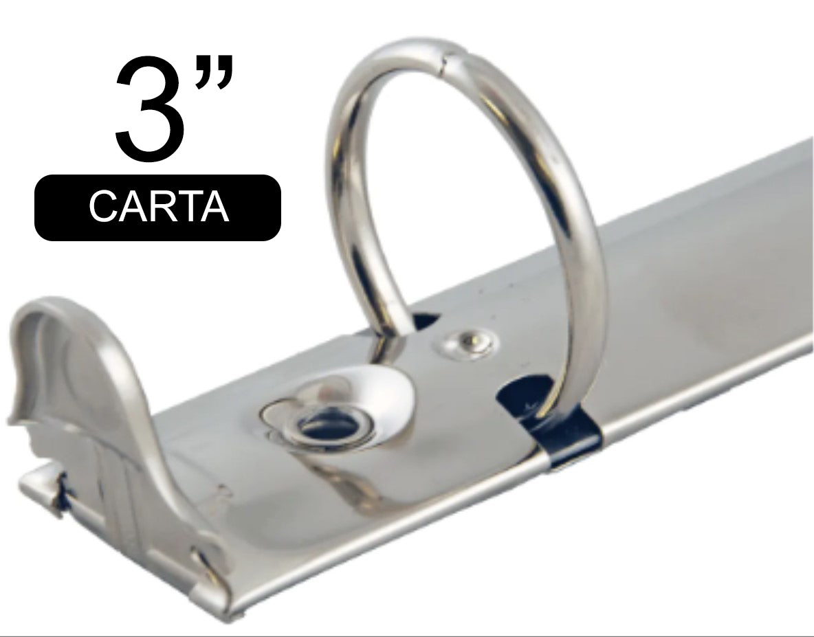 Herraje tamaño carta de 280 mm con tres argollas circulares de 3 pulgadas de diámetro, con palancas, base de 45 mm, acabado níquel, y capacidad para 625 hojas. Herraje tamaño carta de 280 mm con tres argollas circulares de 3 pulgadas de diámetro, con palancas, base de 45 mm, acabado níquel, y capacidad para 625 hojas.